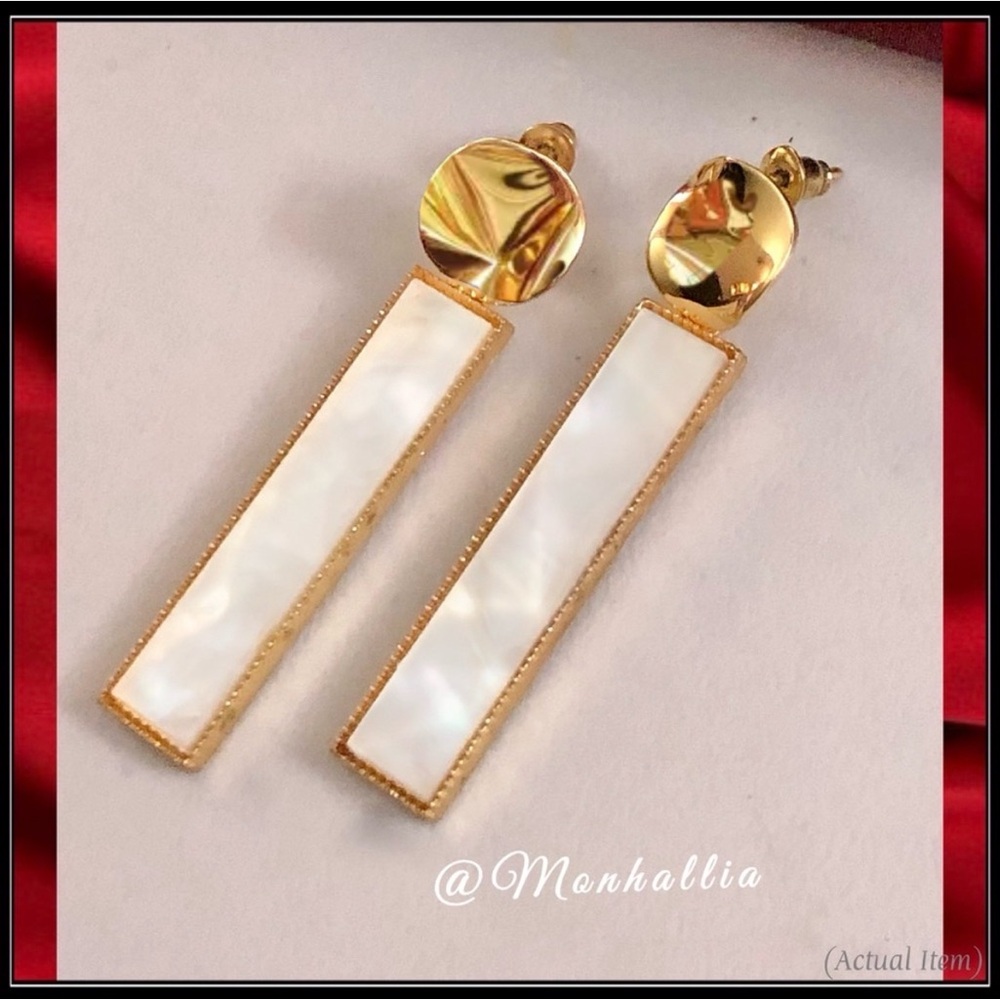 New 14k Gold Statement Rectangle Box Mother of Pearl Abalone Shell Bar Earrings